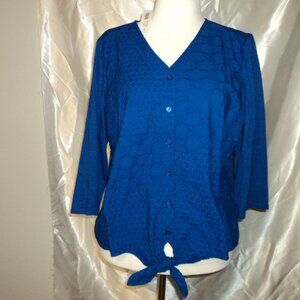Blue Women's Top  **NWT** Mixed Embroidery Artisanal Tie Front 3/4 Sleeve